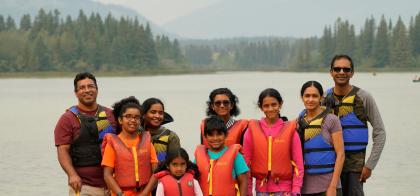 Family on canoe dock
