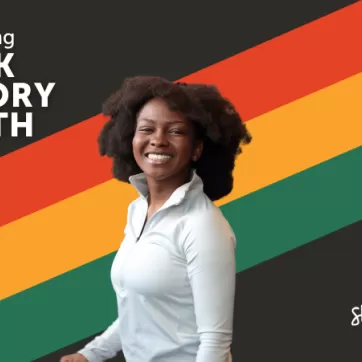 Black History month blog header featuring a woman in front of a graphic background