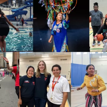 A mosaic of images of women and girls taking part in various activities at YMCA Calgary, from the Pride Parade to girls only basketball to aquatics classes and more.