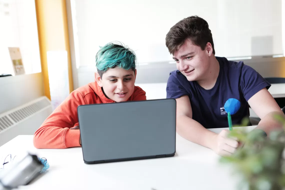 Two boys looking at a computer screen